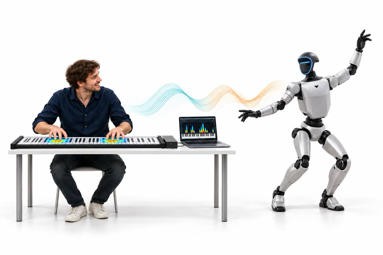 Illustration of a humanoid robot responding to piano performance