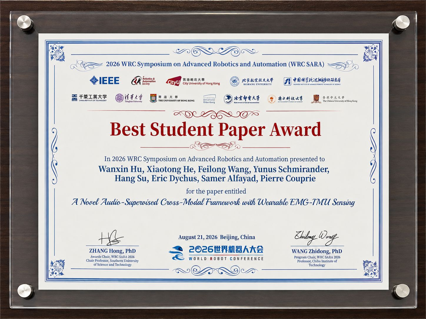 Best Student Paper Award certificate from WRC SARA 2026